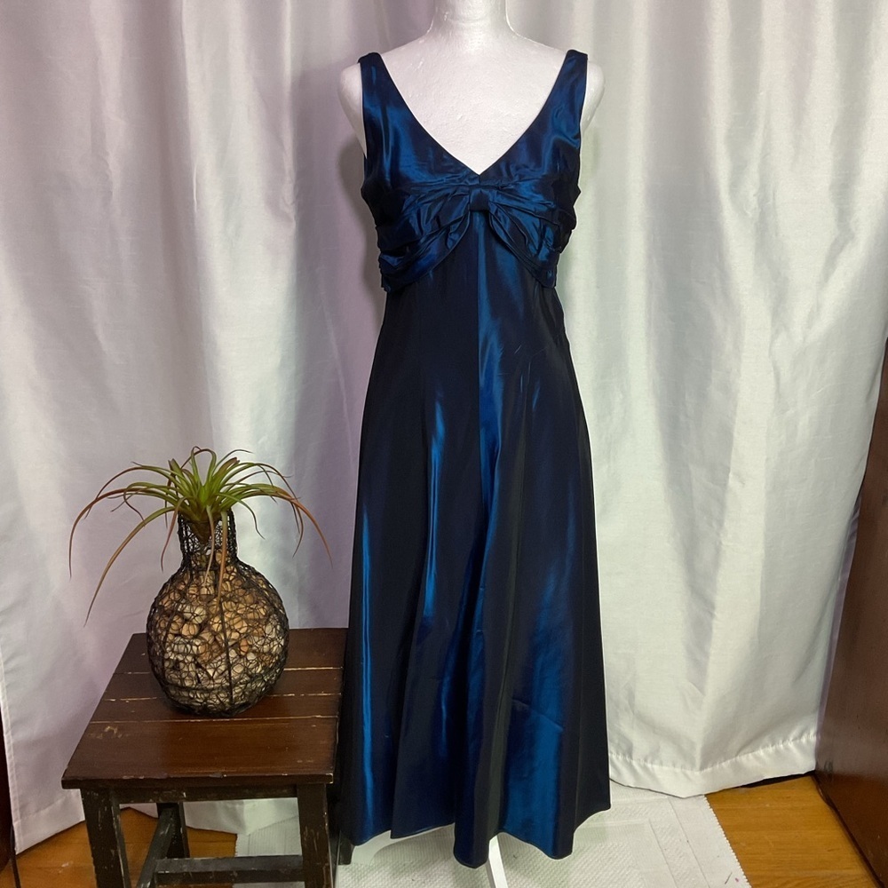 Suzi Chin for Maggy Boutique Blue Ruched Maxi Dress V neck Sleeveles